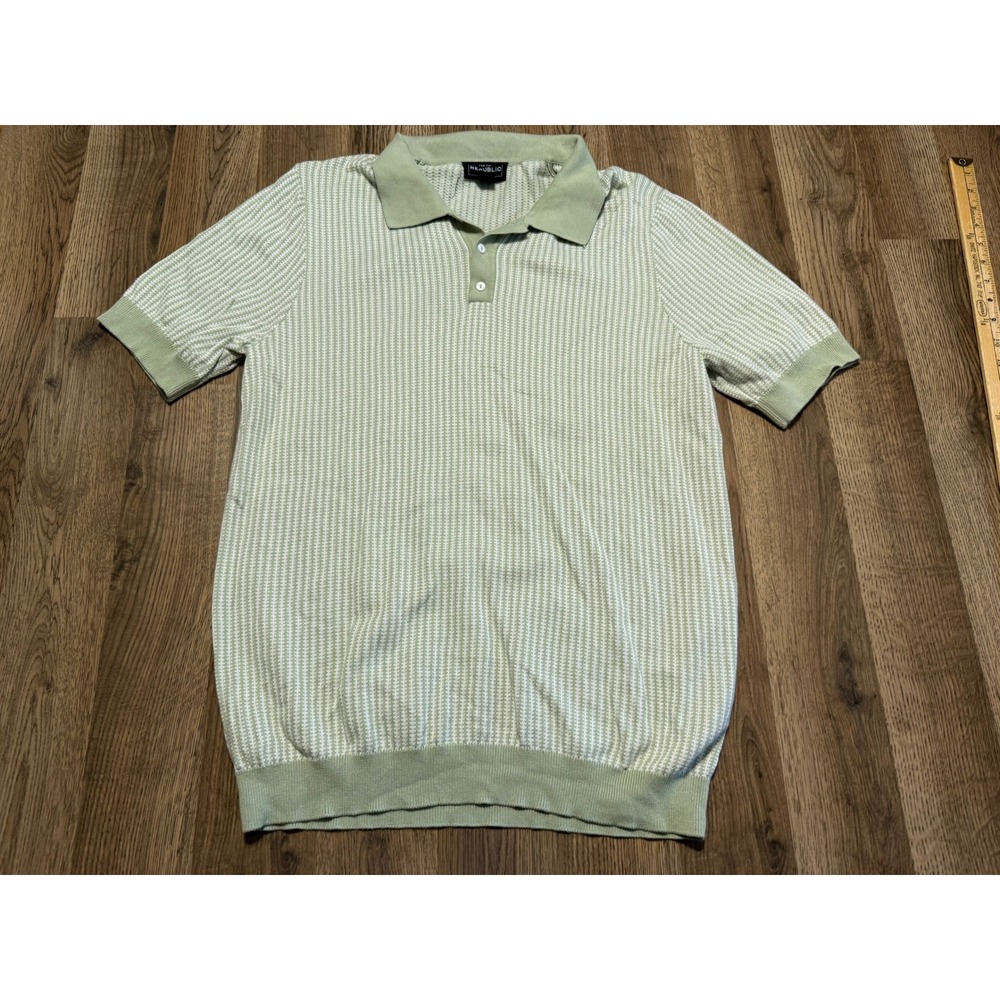 For The Republic Polo Shirt Mens Medium Sage Green White Striped Knit Excellent